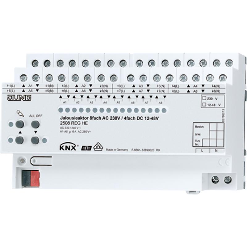 JUNG, Aktor, Jalousieaktor KNX REG 8f 6A Handbedien 2508REGHE (Rolladenaktor)