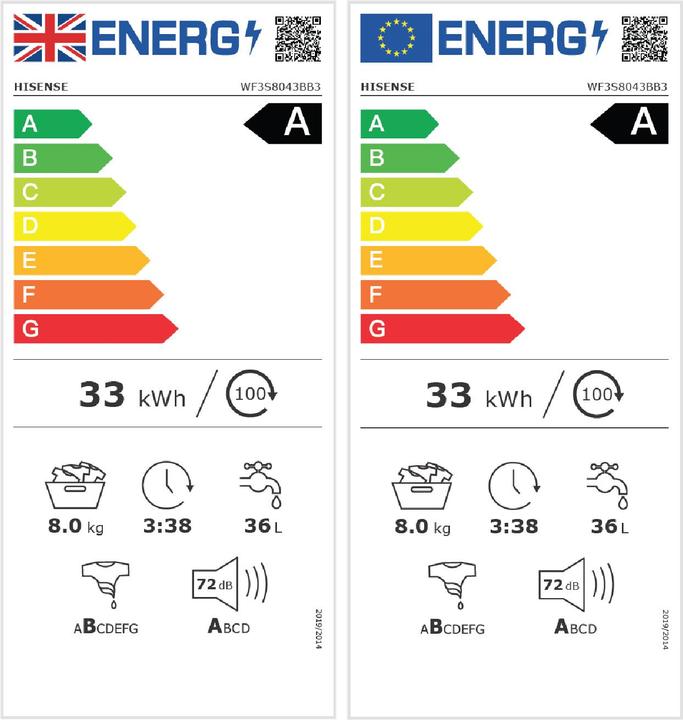 Label énergétique Hisense WF3S8043BB3 (8 kg, Gauche)