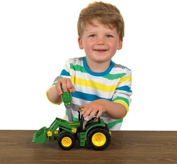 Actual product image Theo Klein John Deere tractor with timber and hay wagon