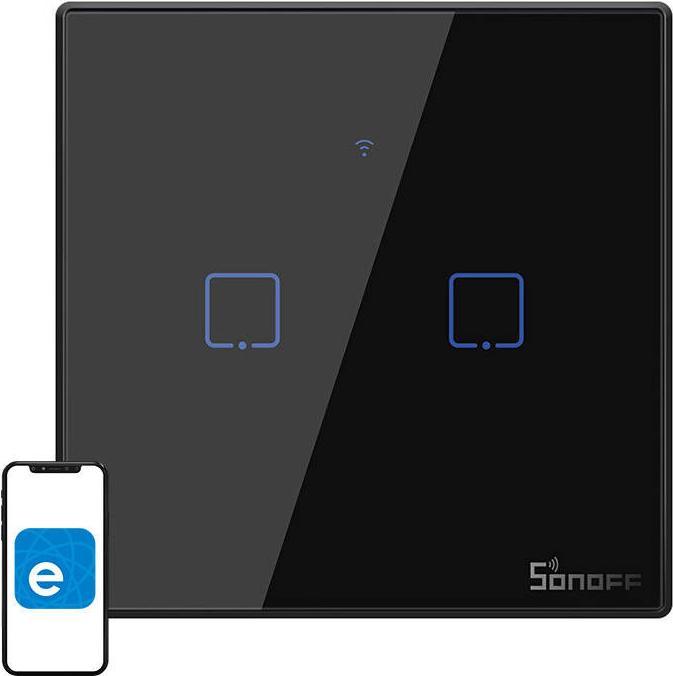 Actual product image Sonoff T3EU2C - 2-gang Wi-Fi Smart Wall Switch - Black
