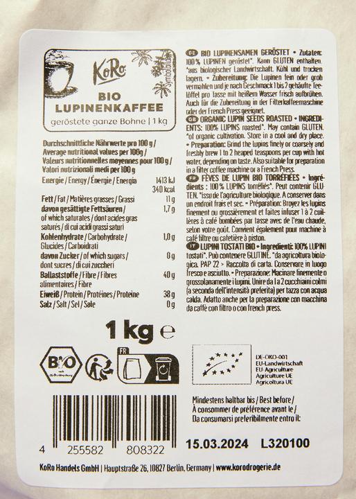 Nutritional values and ingredients KoRo Organic lupin coffee whole bean 1 kg (1000 g)