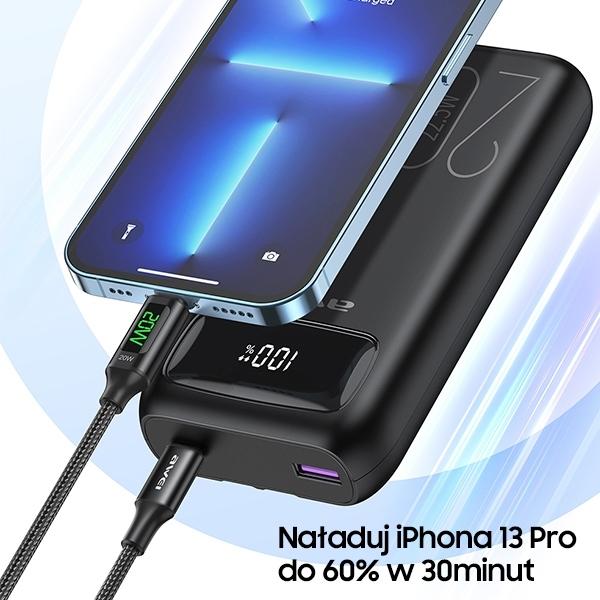 Produktbild Awei PowerBank P169K 20000mAh 22.5W czarny/black wyświetlacz + kable PD/Lightning (20000 mAh, 22 W, 22.50 Wh)