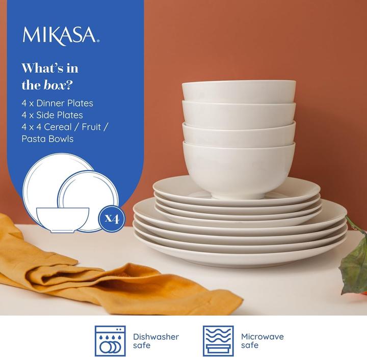 Actual product image Mikasa Chalk 12-Piece Porcelain Dinner Set, White (12 pcs.)