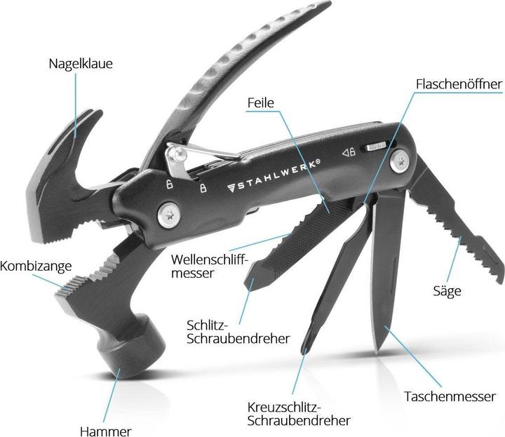 Actual product image Stahlwerk Multitool 12 Tools Pocket Knife Multifunction Tool Flashlight (12 Functions)