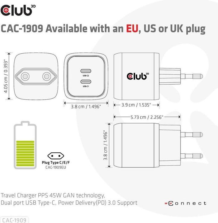 Image du produit Club 3D Chargeur PPS 45W GAN, Power Delivery (PD) 3.0 (45 W)