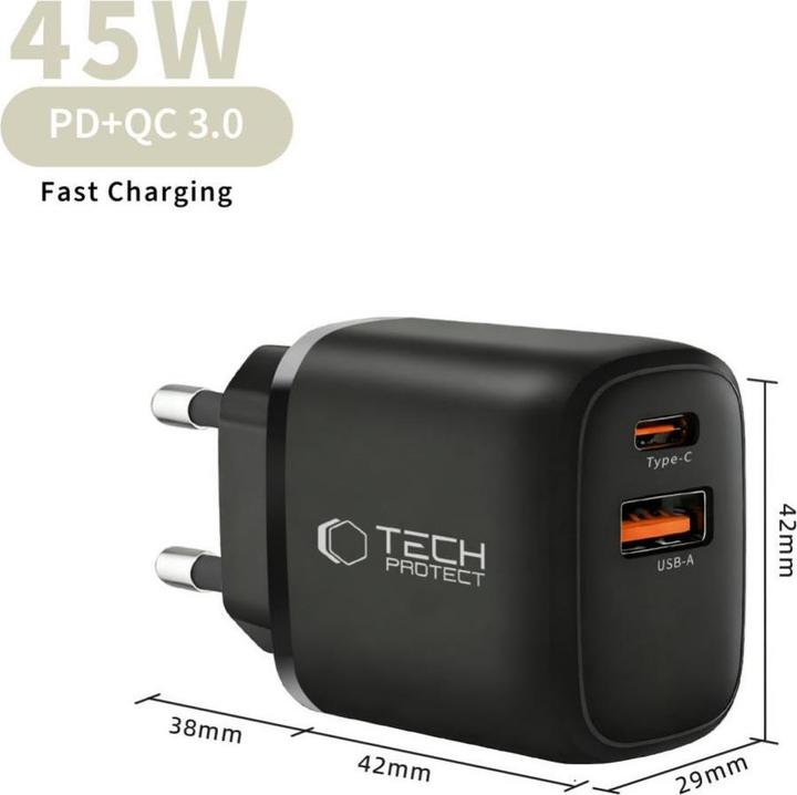Image du produit Tech-Protect NCA45W-GAN 2-PORT NETZLADEGERÄT PD 45W / QC3.0 + TYPE-C KABEL SCHWARZ (45 W, 2 ports)