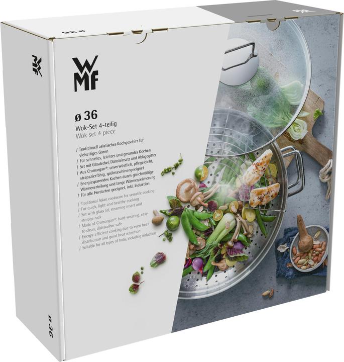 Produktbild WMF Wok Set 4tlg Wokpfanne 36cm 4,5l Glasdeckel Induktion Edelstahl (36 cm, Wok Pfanne, Edelstahl)