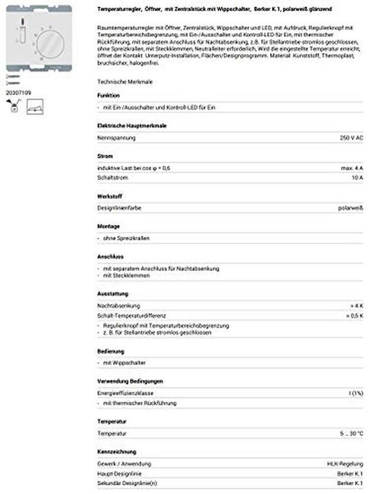 Valeurs nutritives et ingrédients Berker Régulateur de température ambiante