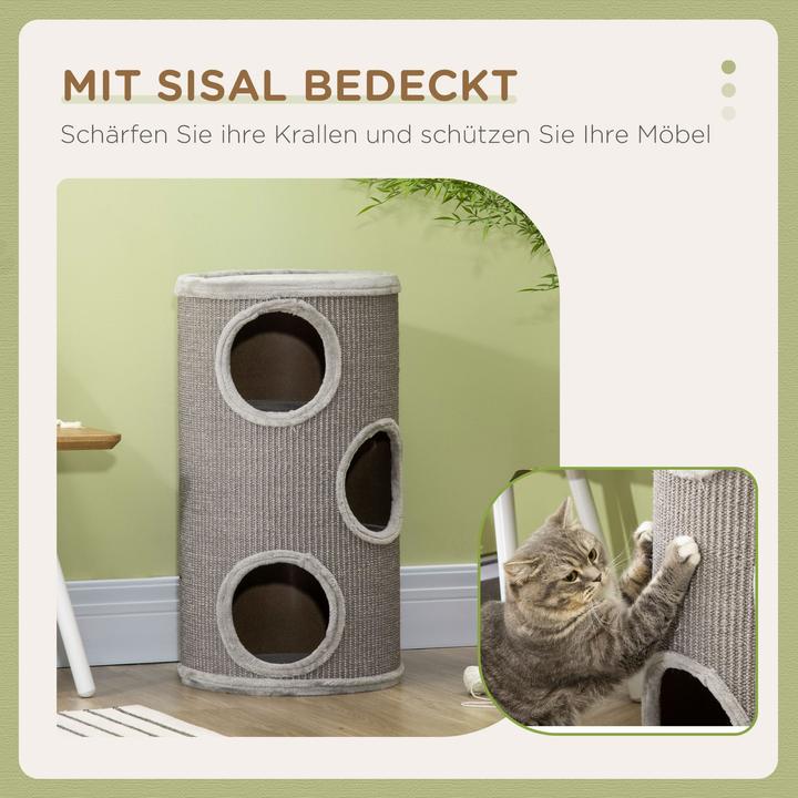 Actual product image PawHut Scratching bin with 3 caves (70 cm, Light grey)
