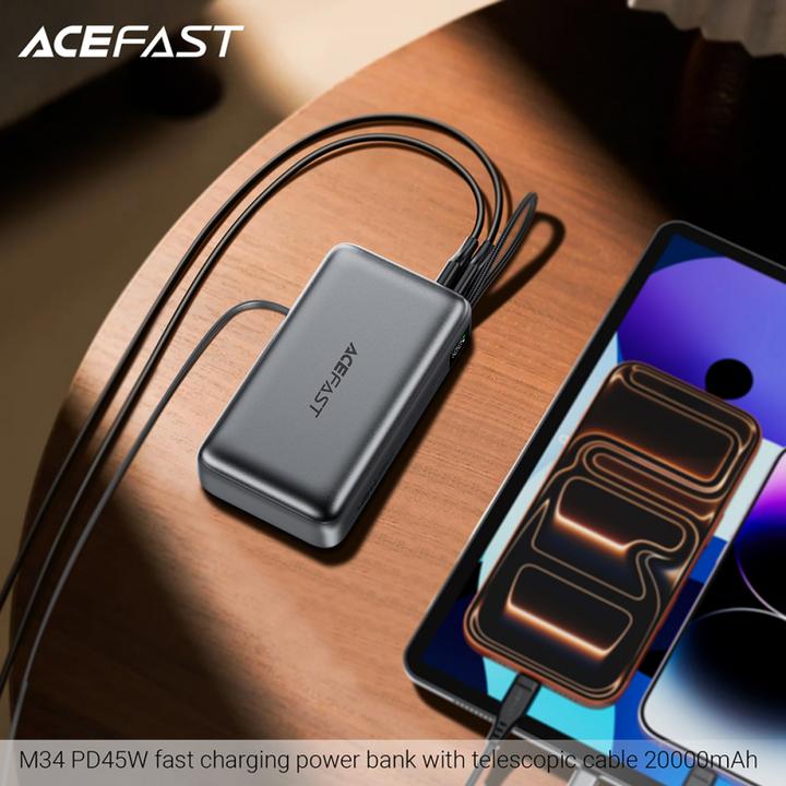 Actual product image Acefast - Power Bank (M34) - with Telescopic Cable, Type-C, Fast Charge, PD45W, 20000mAh - Silver (20000 mAh, 45 W)