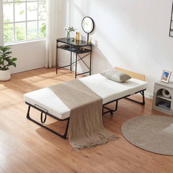 Immagine prodotto En.Casa Metall-Klappbett Lustendi mit Matratze 200x90cm Schwarz/Eicheoptik (90 x 200 cm)