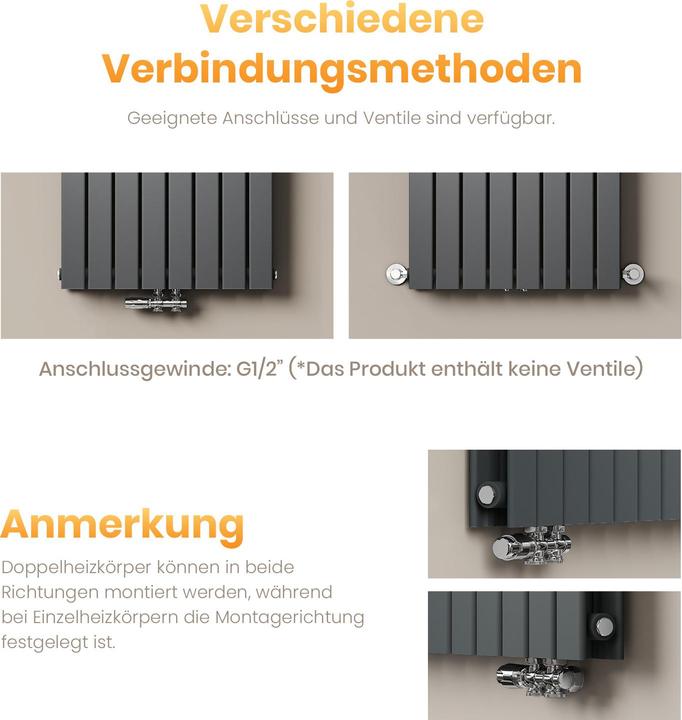 Produktbild Emke Heizkörper, Flachheizkörper mit Zentralanschluss, Schwarz 180x30cm 911W Doppellagig (911 W)