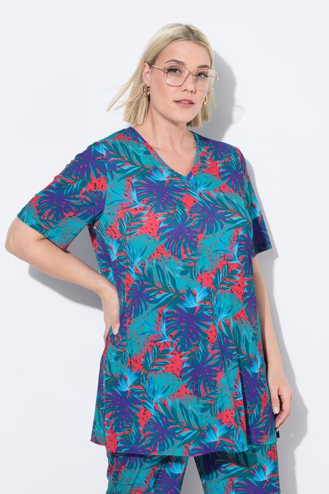 Image du produit Ulla Popken T-shirt long imprimé palmiers, manches courtes et col V, coupe évasée (58)