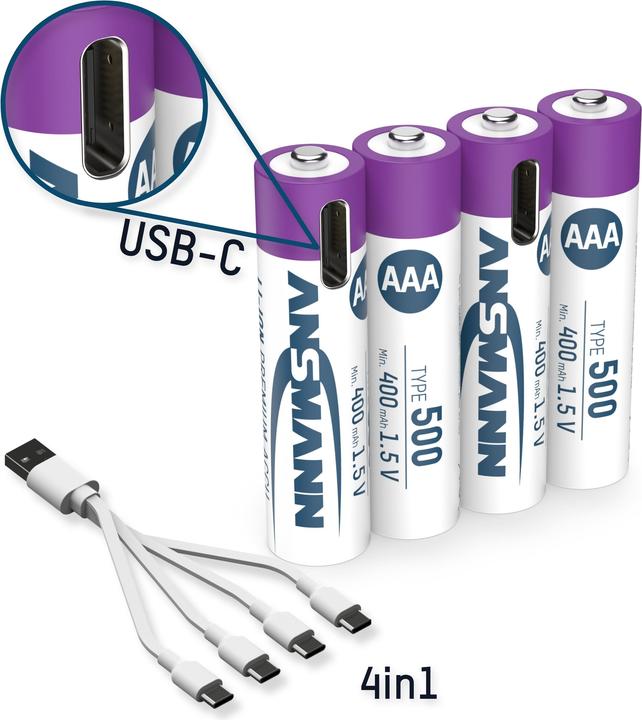 Immagine prodotto Ansmann LR03 USB-C Micro (AAA) batteria ricaricabile Li-Ion 500 mAh 1,5 V 4 pz. (4 pz., AAA / LR03 / Micro / R03 / AM4 / MN2400 / KR03, 400 mAh)