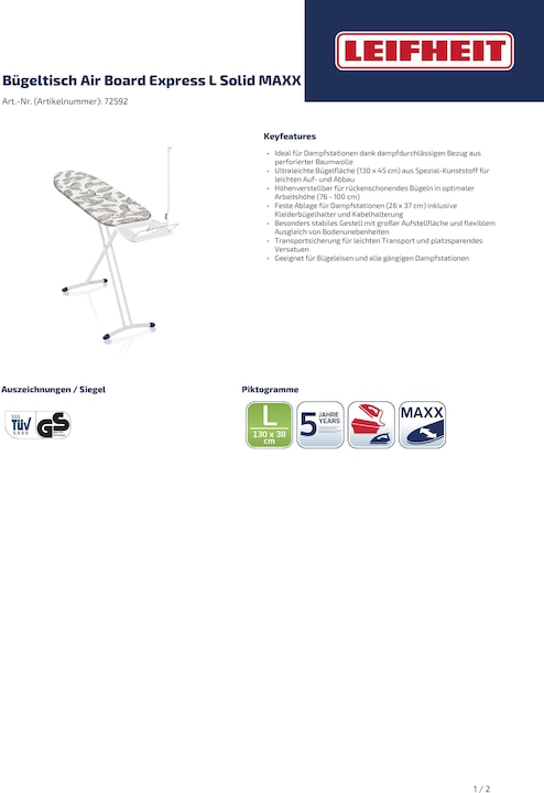 Actual product image Leifheit AirBoard Express L Solid MAXX (130 x 45 cm)