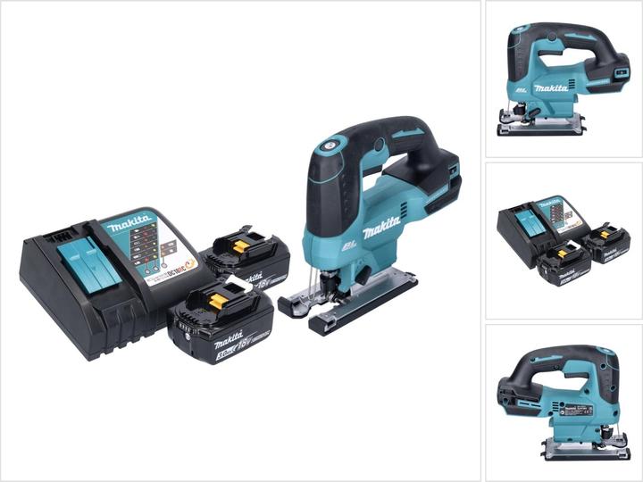 1x Makita DJV 184 cordless pendulum action jigsaw, 1x sliding block plastic, 1x jigsaw blade B-50 wood, 2x Makita BL 1830 B 18 V 3.0 Ah rechargeable battery, 1x Makita DC 18 RC rechargeable battery quick charger