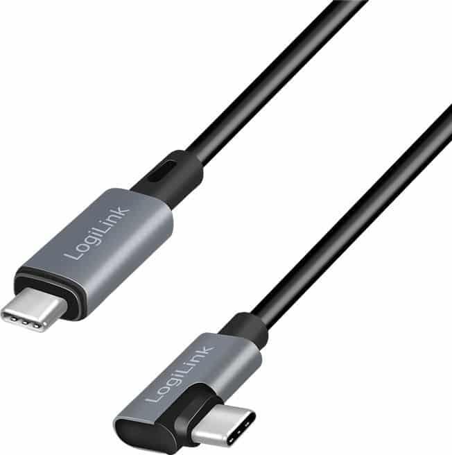 LogiLink USB 2.0 Type-C-Kabel, C/M 90° zu USB-C/M, E-mark, PD, schwarz, 3 m (3 m, USB 2.0, 100 W)