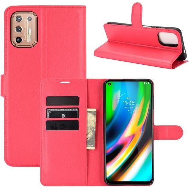 MU Classic Litchi Leder Bookcover Series (Motorola Moto G9 Plus), Smartphone Hülle, Rot