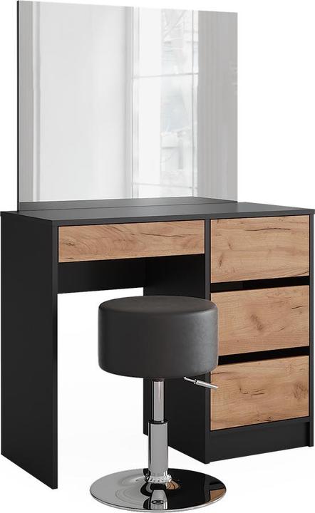 Coiffeuse Corps : Anthracite, Coiffeuse Façade : Chêne doré, Miroir : Blanc, Tabouret : noir
