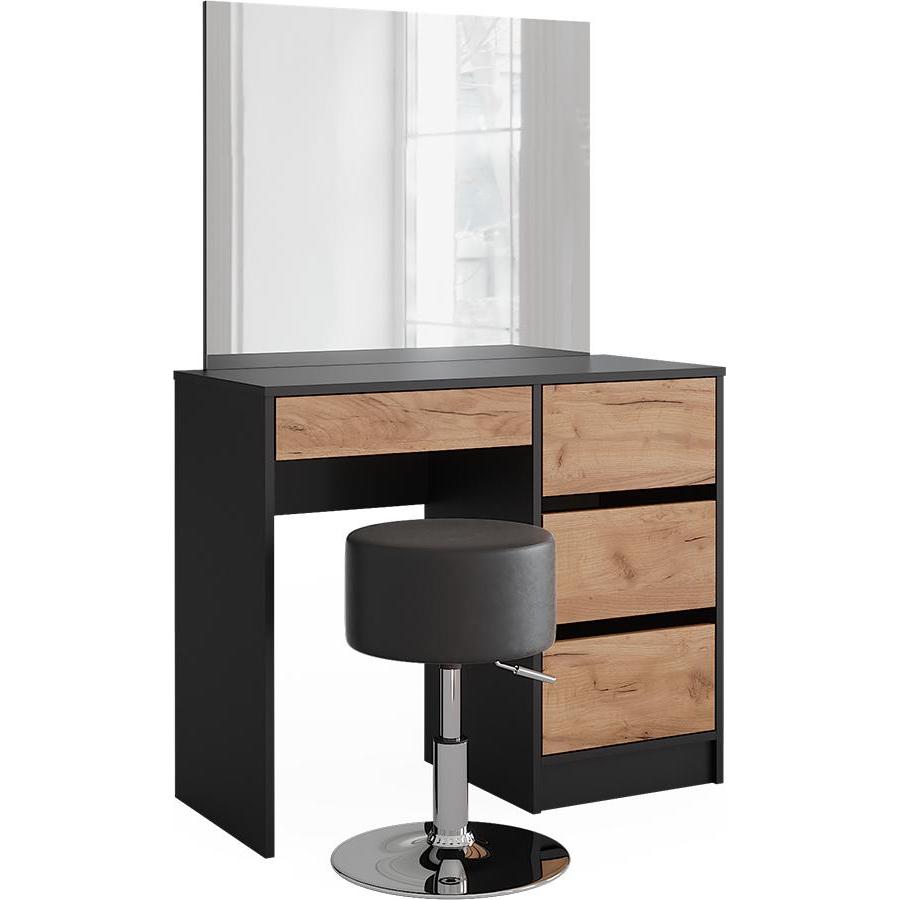 Vicco, Schminktisch, Schminktisch Sherry, Anthrazit/Goldkraft Eiche, 90 x 75 cm mit Spiegel & Hocker (90 x 75 x 40 cm)