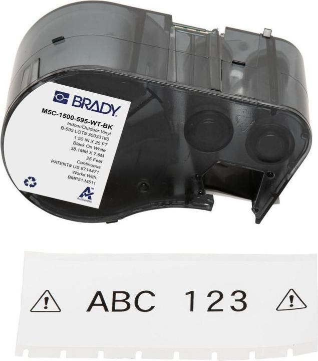 Actual product image Brady M5C-1500-595-WT-BK, vinyl, black on white, 38.10 mm x 7.62 m, permanent, continuous (3.81 cm)
