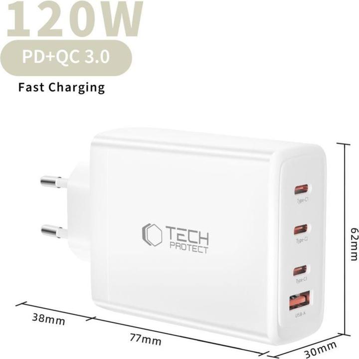 Produktbild Tech-Protect NC120W-GAN 4-Port Netzwerk-Ladegerät PD 120W / QC3.0 Weiss (120 W, 4 Ports)