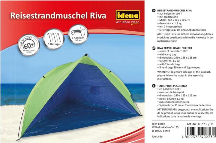 Produktbild Idena Reisestrandmuschel Riva 240x125x125cm UV 60+ (1.09 kg, 4 Personen)