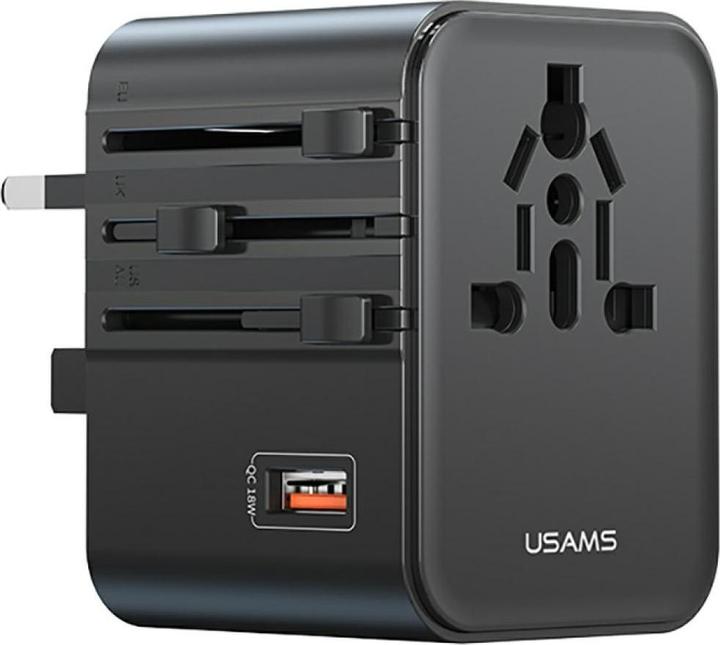Actual product image Usams Travel Charger Adapter CC309 2xUSB-C 25W 4in1 US/AU/EU/UK black (25 W, 2 ports)