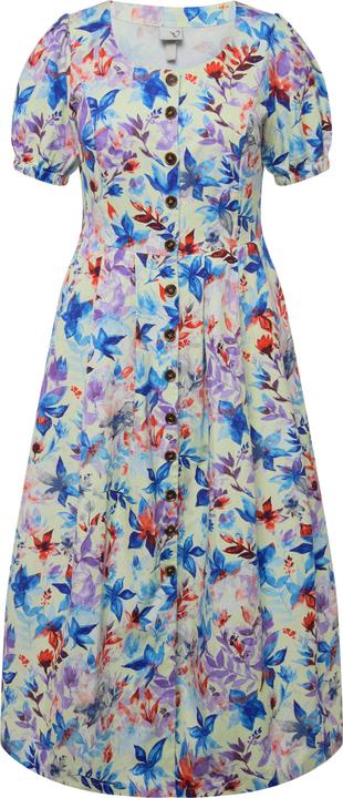 Image du produit Ulla Popken Robe midi en lin mélangé. Motif feuilles, décolleté rond et manches courtes bouffantes (60)