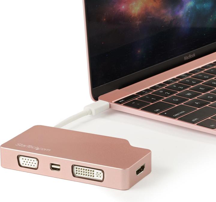 Immagine prodotto StarTech Adattatore video USB-C multiporta - Oro rosso - Adattatore display 4-in-1 da USB-C a VGA DVI HDMI o (HDMI, DVI, VGA, Mini DP, 10.40 cm)