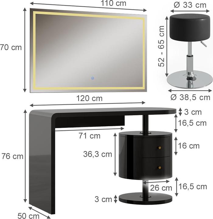 Produktbild Vicco Lara mit LED-Spiegel und Hocker (120 x 50 x 76 cm)
