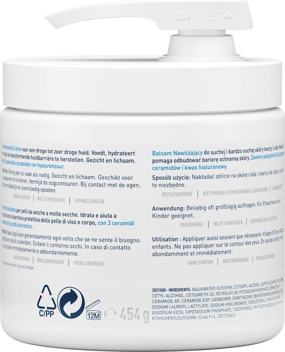 Produktbild CeraVe Feuchtigkeitscreme: Reichhaltige Creme für trockene bis sehr trockene Haut für Gesicht und Körper (Körpercreme, 473 ml)