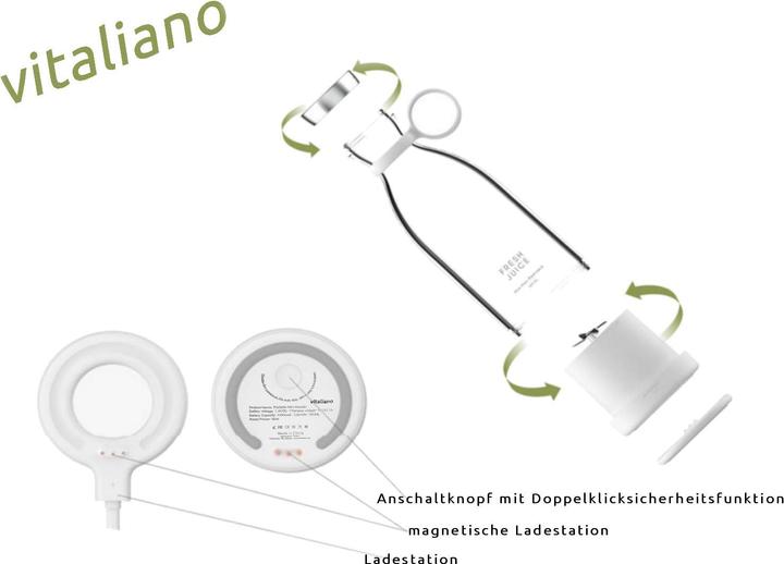 Produktbild Vitaliano Mixer Smoothie Maker to go, 350 ml, deutsche Anleitung, kabellos tragbar in Flaschenform & USB Lade (50 W)