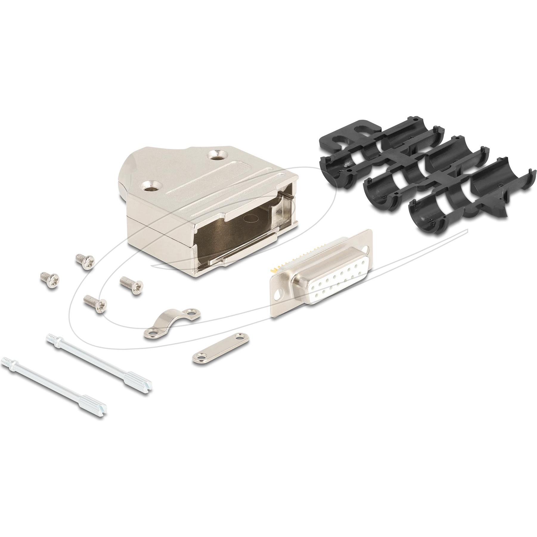 Delock Alloggiamento del connettore sub-D a 15 pin in metallo con spina inclusa, Cavo + Spina elettrica, Argento