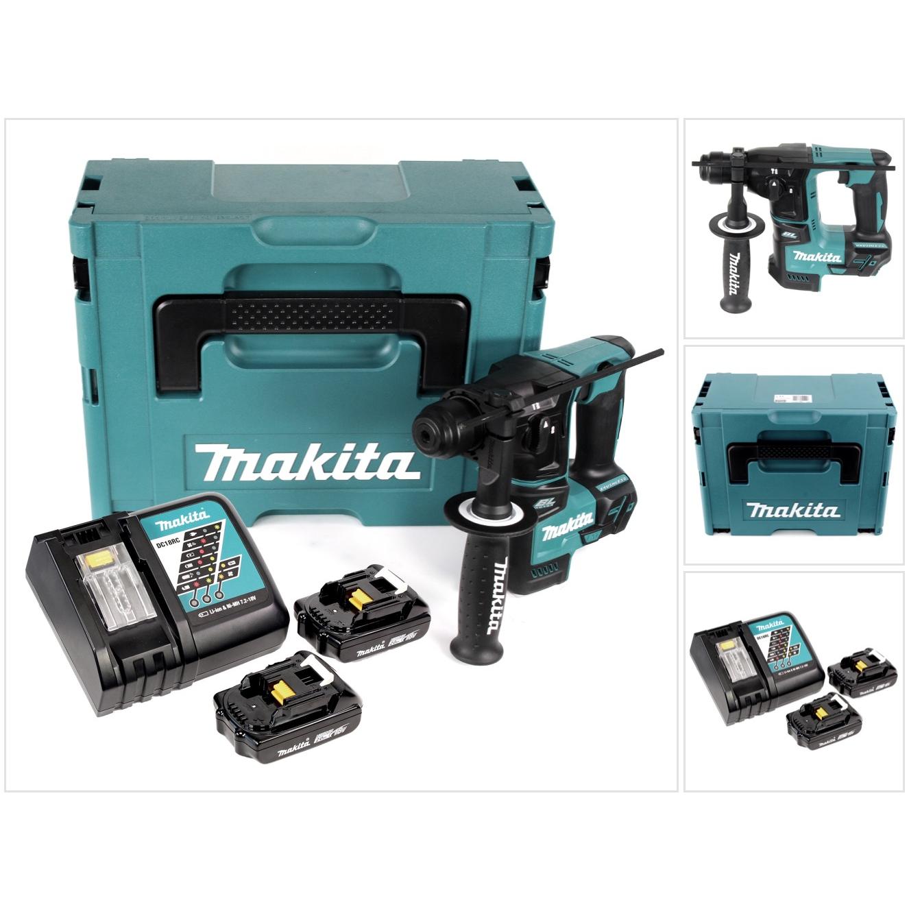 Makita, Bohrmaschine + Akkuschrauber, DHR 171 RAJ Akku Bohrhammer 18 V 1,20 J SDS Plus Brushless + 2x Akku 2,0 Ah + Lade...