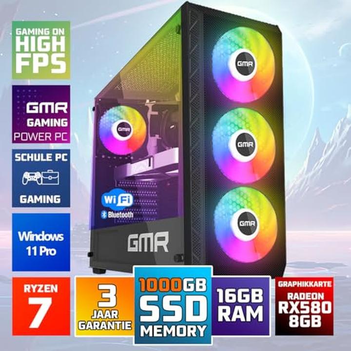 Actual product image GMR Gaming PC with Ryzen 7, 16GB RAM, 1000GB SSD, RX 580, Windows 11 Pro, Wi-Fi, Bluetooth (AMD Ryzen 7 2700X, 16.78 GB, 1000 GB, Radeon RX 580X)