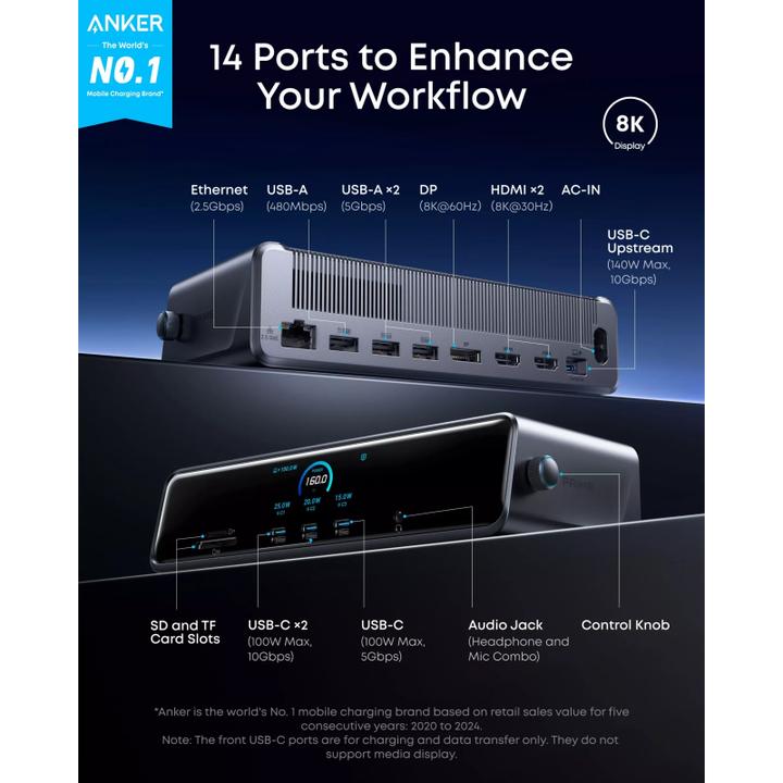 Actual product image Anker Prime Docking Station (14-in-1 Triple Display DisplayLink) (USB-C, 14 ports)
