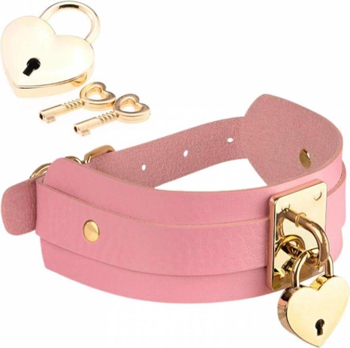 Actual product image Kinky Diva heart lock & key collar pink/gold