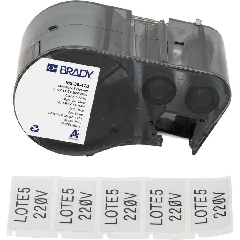Brady, Rotolo di etichette, M5-30-428, poliestere metallizzato, nero su argento, 38,10 x 19,05 mm, permanente (260 E.).