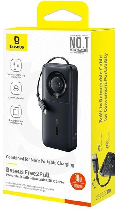 Produktbild Baseus Free2Pull 10000mAh 30W powerbank with USB-C port and retractable USB-C cable - black (10000 mAh, 30 W, 37 Wh)