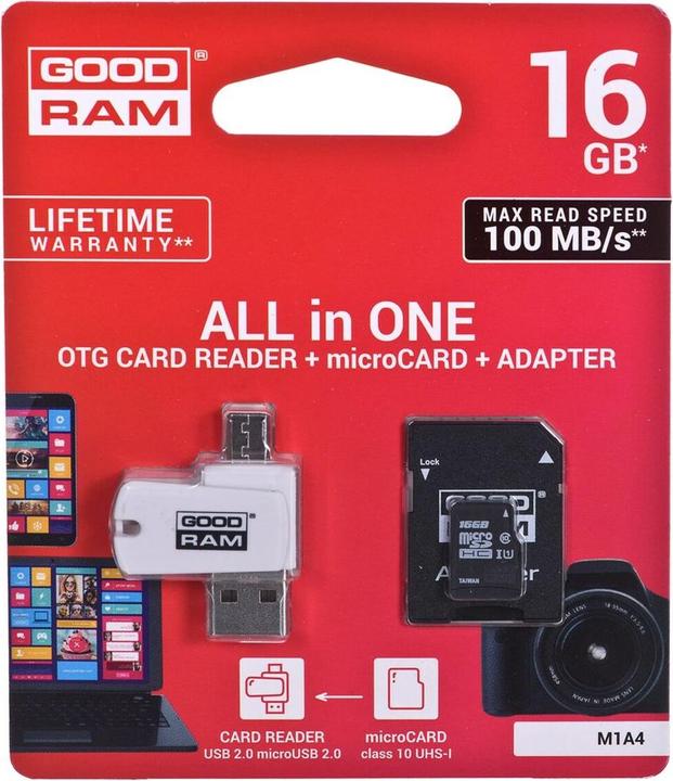 Actual product image Goodram M1A4-0160R12 memory card 16 GB MicroSDHC Class 10 UHS-I - High Capacity SD (Micr (16 GB, microSDHC, U1, UHS-I)