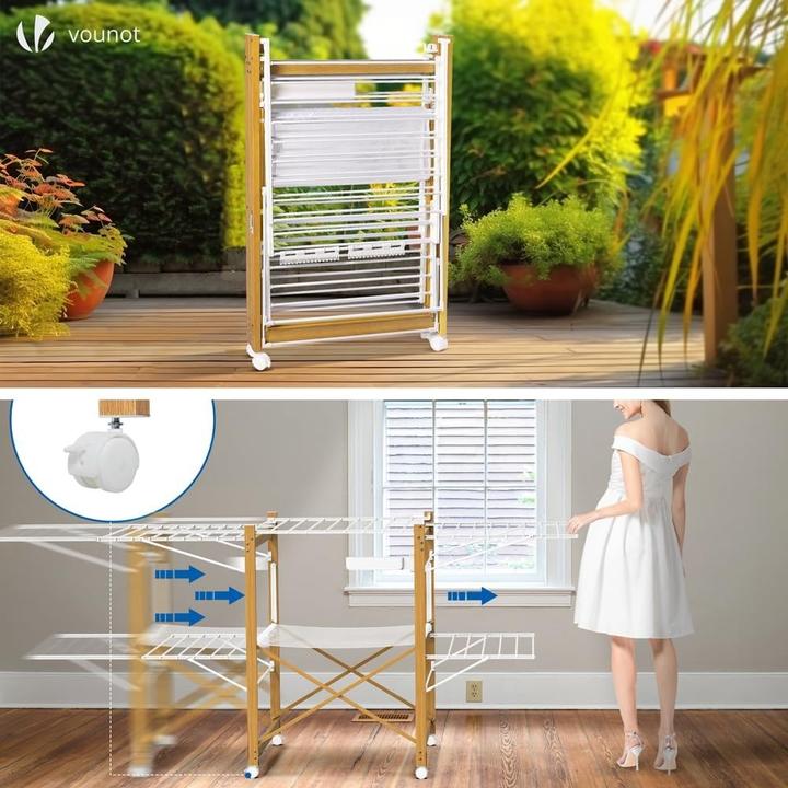 Actual product image Vounot Extendable Winged Drying Rack with Wheels and Folding Design (30 m)