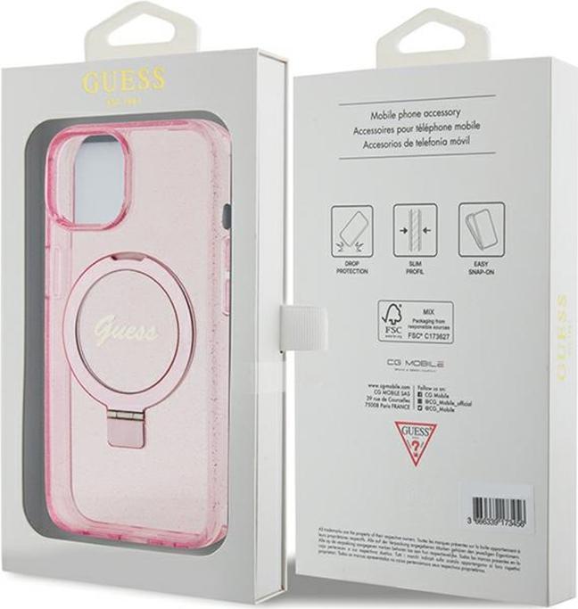 Produktbild Guess GUHMP15SHRSGSP iPhone 15 6.1" różowy/pink hardcase Ring Stand Script Glitter MagSafe (Apple iPhone 15)