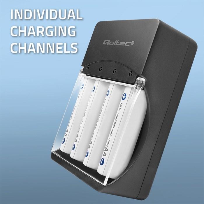 Image du produit Qoltec 50653 Chargeur de batterie pour Ni-MH type R03/AAA R6/AA (1 pcs, AAA, AA, 3000 mAh)