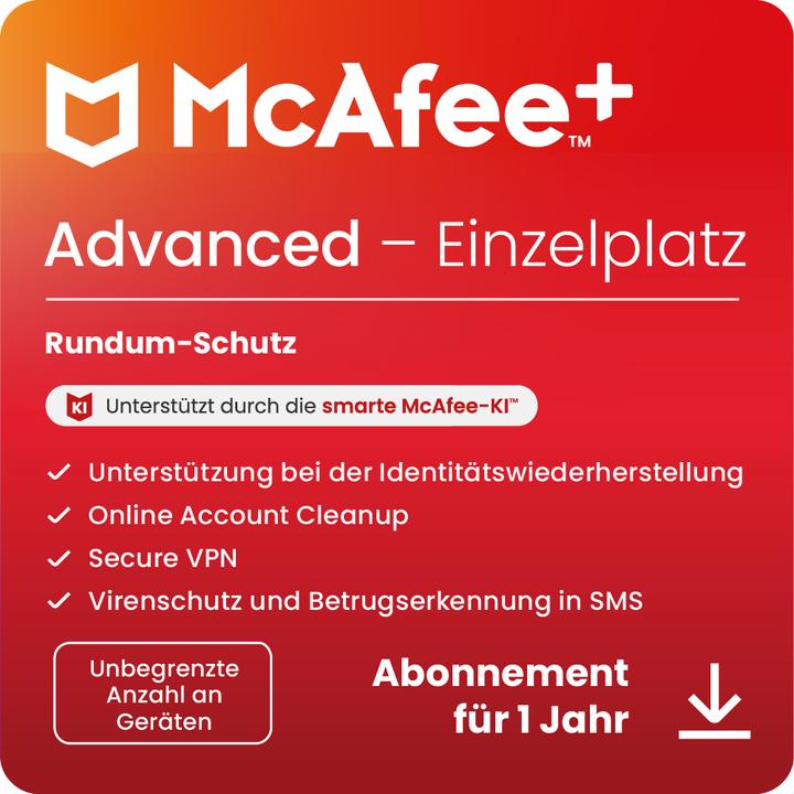 Immagine prodotto McAfee + Advanced Einzelplatz (Unbegrenzte Anzahl von Geräten) (1 Utente, 1 Dispositivi/Utenti, 12 mesi)