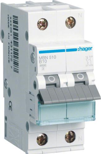 Produktbild Hager HAG MBN510 Leitungsschutzschalter 10A 1P+N 6kA B-10A 2M