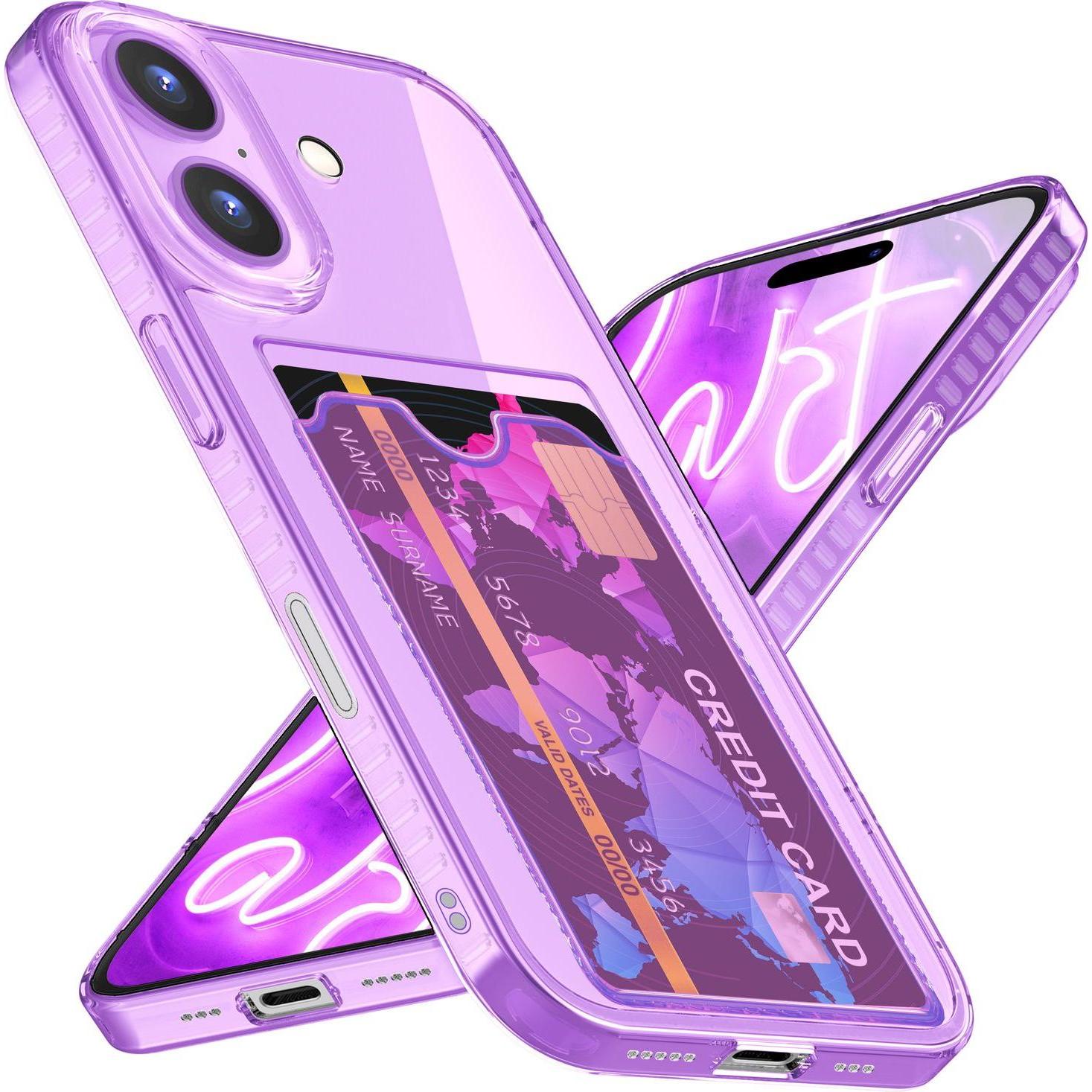 Thumbnail - Nalia Klar Transparente Neon Silikon Hülle Kartenhalter (Apple iPhone 16), Smartphone Hülle, Violett