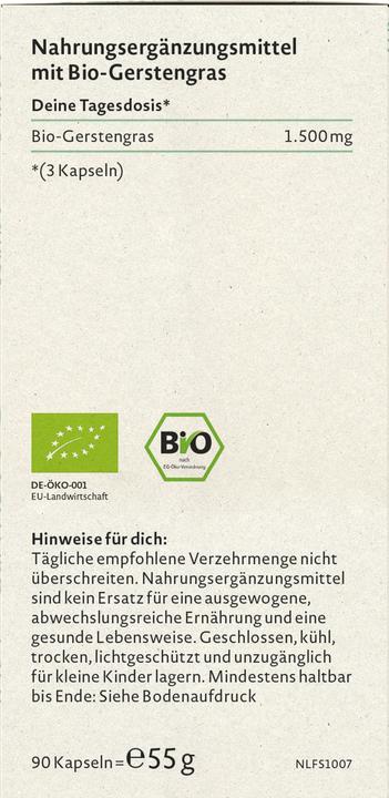 Nutritional values and ingredients Nature Love Organic barley grass (90 Piece, Capsules, 55 g)