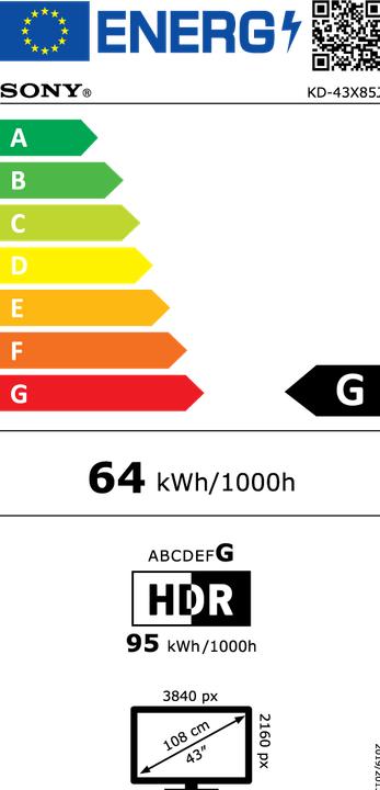Etichetta energetica Sony KD43X85J (43", X85J, Visualizzazione MIP, 4K, 2021)