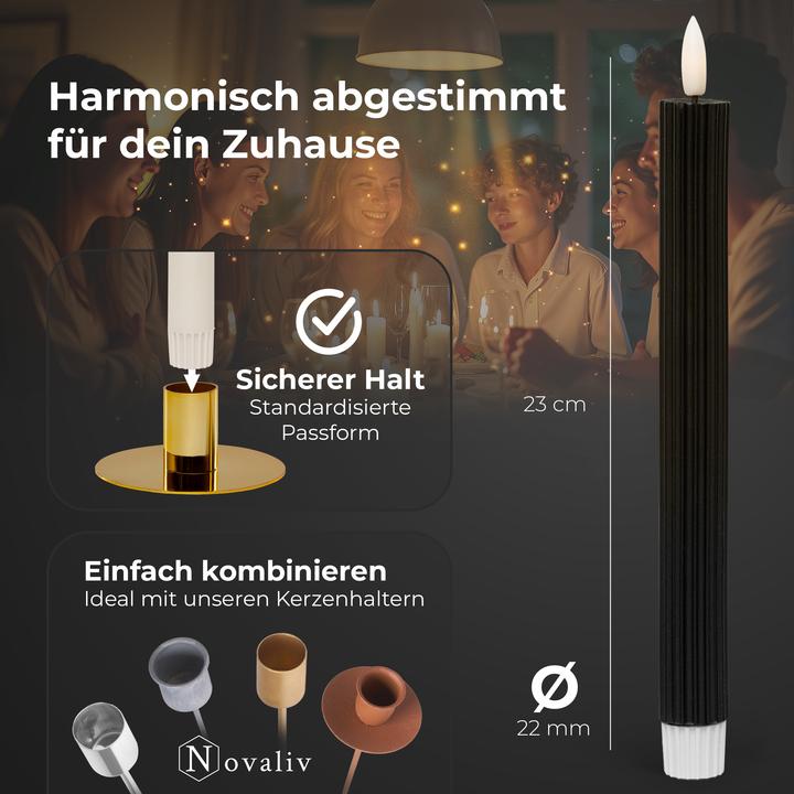Actual product image Novaliv Stabkerzen LED mit Timer SCHWARZ 2er indoor mit Timer Funktion 6 Stunden ECHTWACHS gerippt 23cm Höhe (2 x)